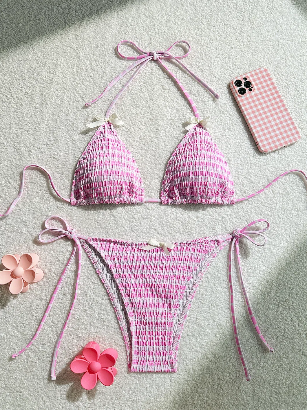 Factory Smocking Halter Two Pieces Bows Women Bikini