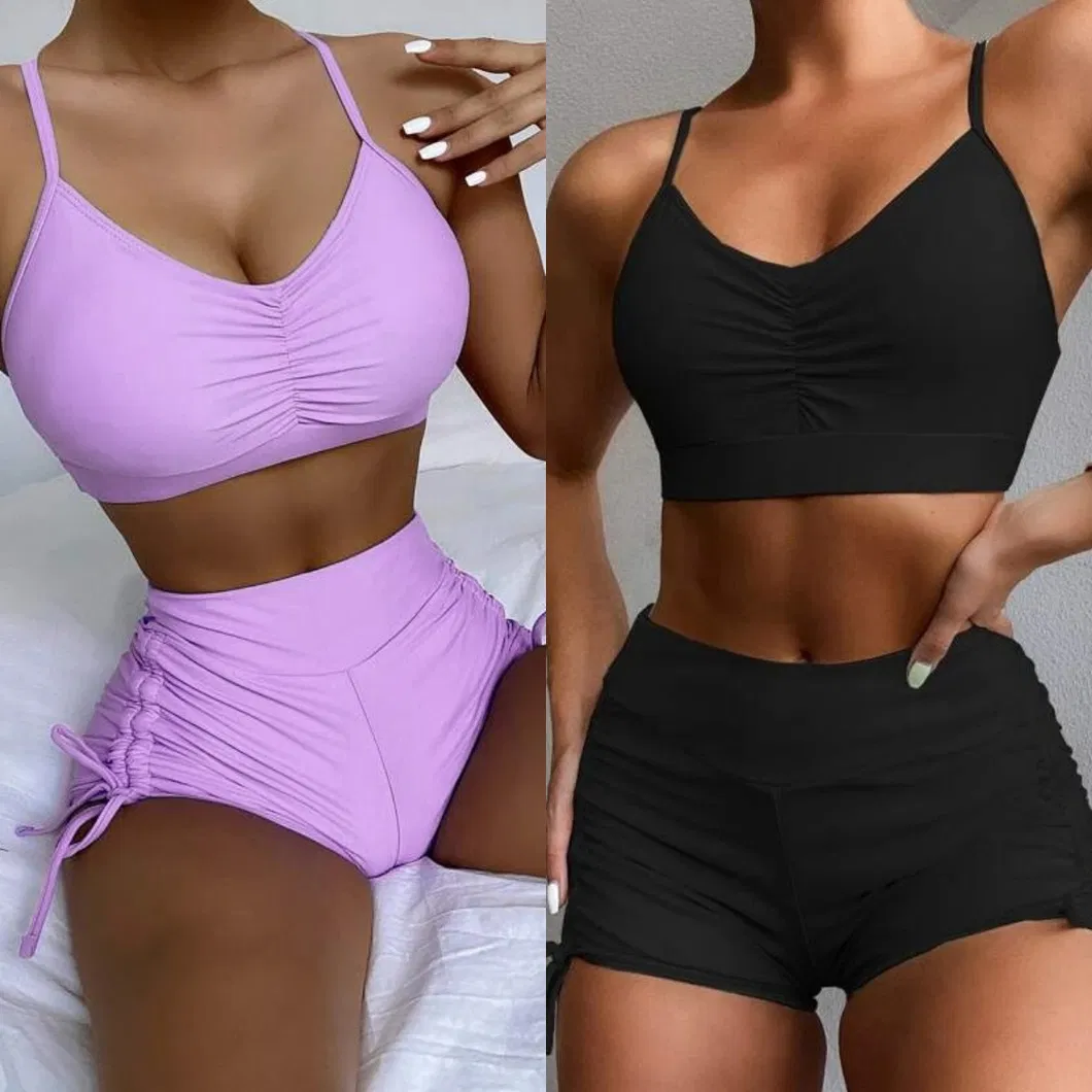 Factory Solid Color Two Pieces Sports Bikini with Boyshorts