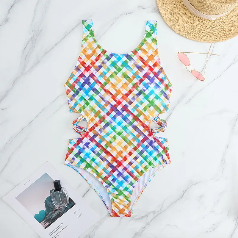 Factory Wholesale Children Colorful Print Cut out Waist One Piece Girl Swimsuit Bathing Suit