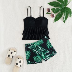 Factory Wholesale Custom Tropical Print Ruffle Two Piece Kids Bikini with Boyshorts