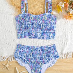 Factory Wholesale Girl Smocking Flowers Printed Two Pieces Bathing Suit Swimwear