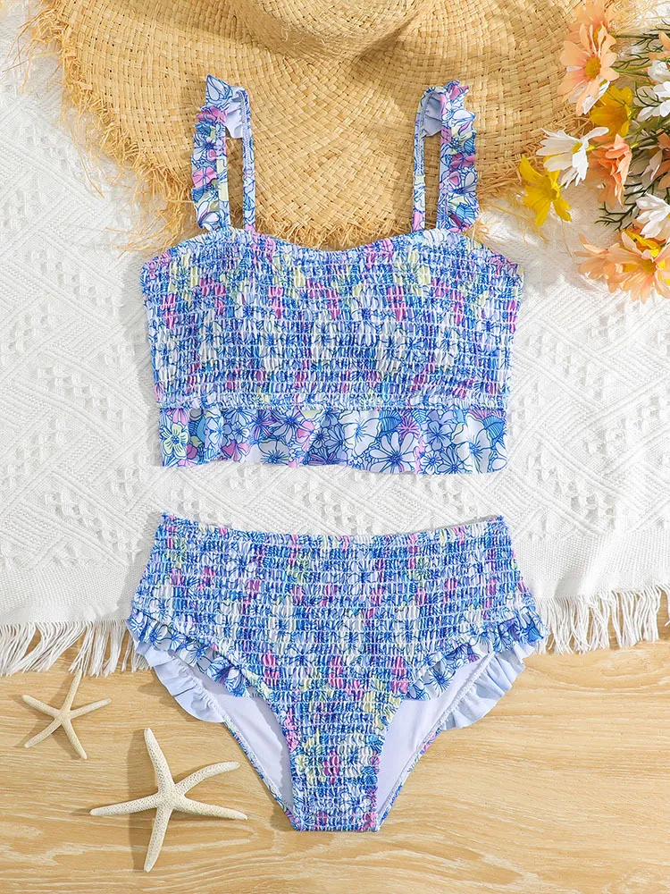 Factory Wholesale Girl Smocking Flowers Printed Two Pieces Bathing Suit Swimwear
