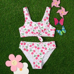 Factory Wholesale Kids High Quality Pink Cherry Printed Cute Two Pieces Children Bikini Swimwear
