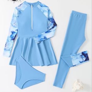 Factory Wholesale Kids Surfing Three Pieces Bikini Printed Long Sleeves Zipper Swimsuit with Trousers