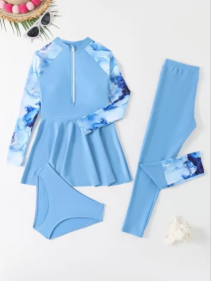 Factory Wholesale Kids Surfing Three Pieces Bikini Printed Long Sleeves Zipper Swimsuit with Trousers