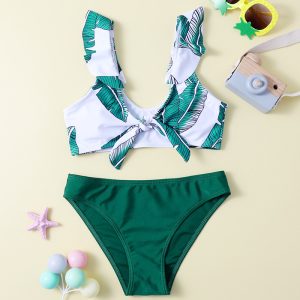 Factory Wholesale Kids Swimsuit Tropical Print Ruffles Custom Two Pieces Children Bikini