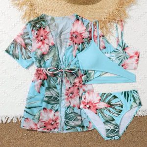 Girl Swimwear Tropical Floral Print Cross Over Top with Mesh Cover up