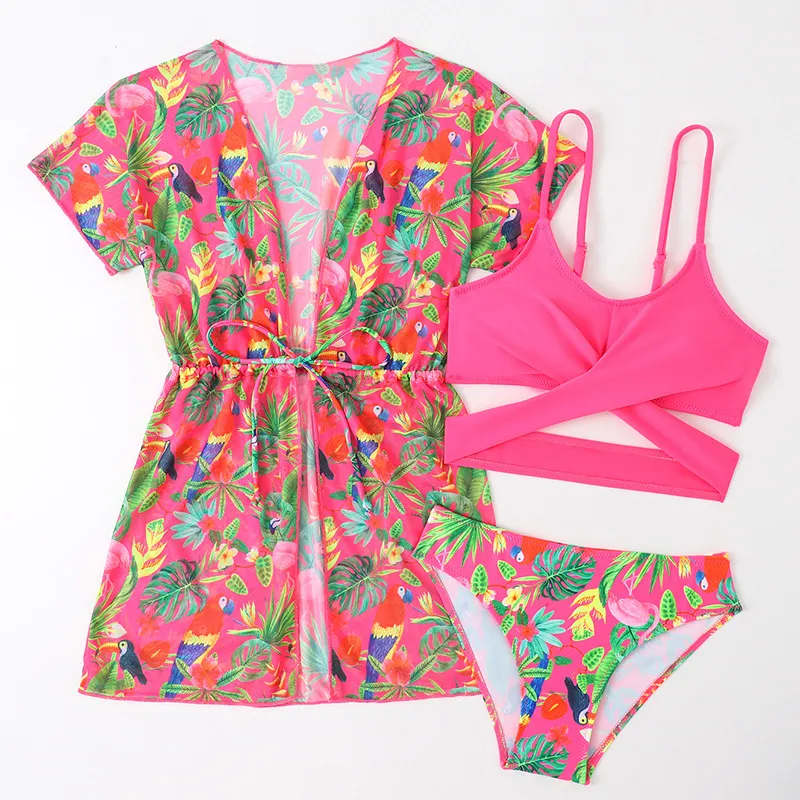 Girl&prime;s Tropical Prints Three-Piece Bikini Set with Mesh Cover up