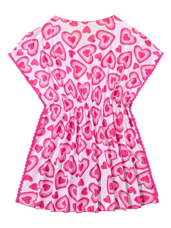Girls Heart Print Loose Ruffles Cover up