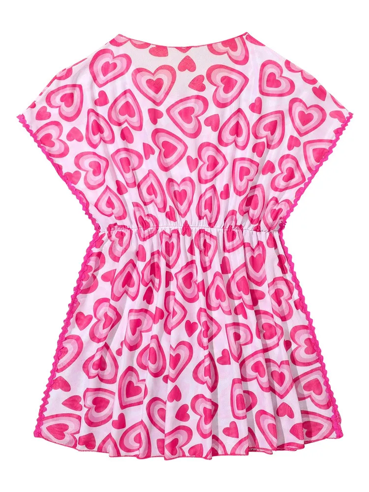 Girls Heart Print Loose Ruffles Cover up