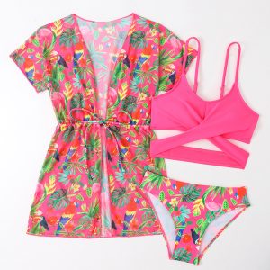 Girl′s Tropical Prints Three-Piece Bikini Set with Mesh Cover up
