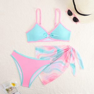 Hot Sale Contrast Kids Cute Three Pieces Children Swimwear with Tie Dye Mesh Cover up