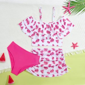 Hot Sale Kids Baby Girl Lovely Tropical Print Three Piece Swimwear Beachwear Children Bikini
