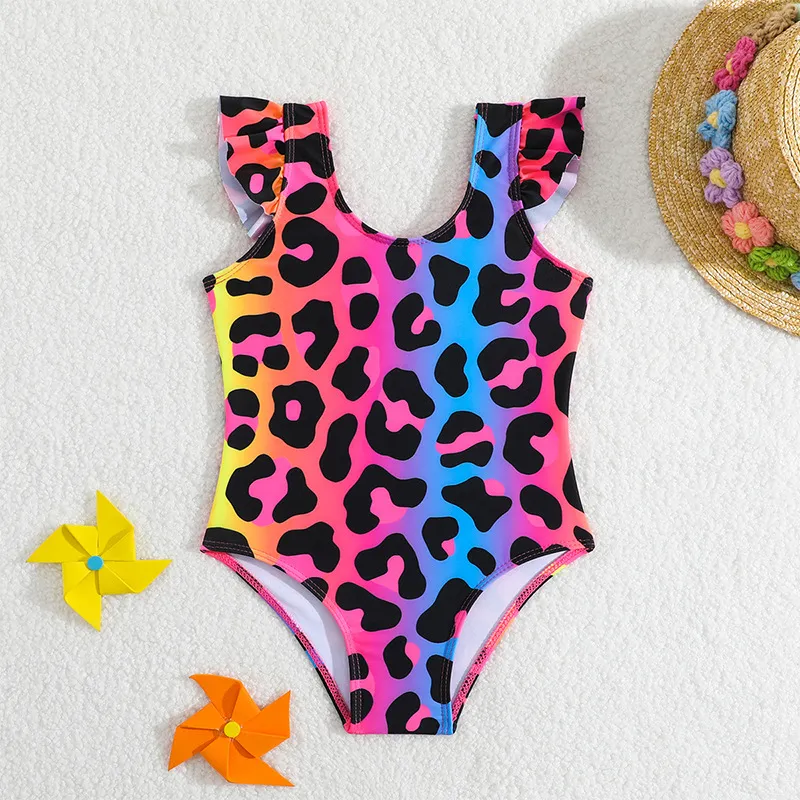 Kids Colorful Leopard Print One Piece Children High Quality Bikini Swimwear with Bow
