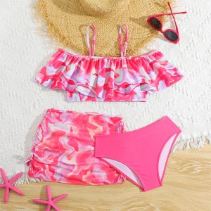 Kids Colorful Printing Three Pieces Children Bikini Set Bandeau Ruffle Top with Mesh Skirt Swimwear