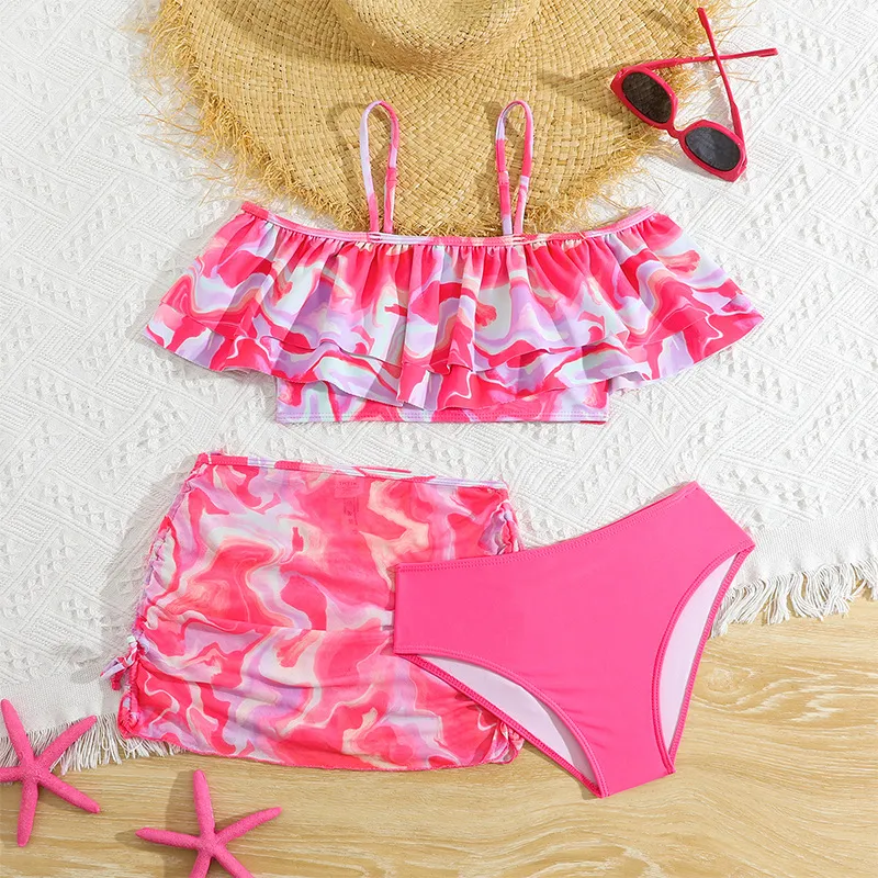 Kids Colorful Printing Three Pieces Children Bikini Set Bandeau Ruffle Top with Mesh Skirt Swimwear