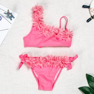 Kids Pink Designer One Shoulder Ruffle Two Pieces High Quality Children Bikini