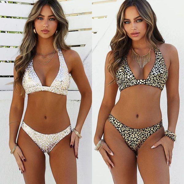 Leopard Print Shiny Halter Two Pieces Bikini