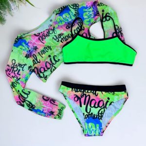 Lettering Print Bright Colors Kids Three Pieces Bikini Set with Mesh Shirt Children Swimwear