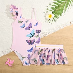 One Shoulder Ruffle Baby Girls High Quality Butterfly Print Bikini Set Children Beach Swimwear