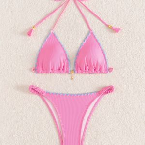 Pink Halter Two Piece Bikini with Contrasting Ruffle and Gold Charm