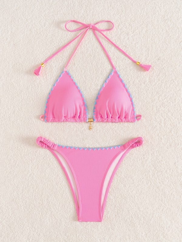 Pink Halter Two Piece Bikini with Contrasting Ruffle and Gold Charm