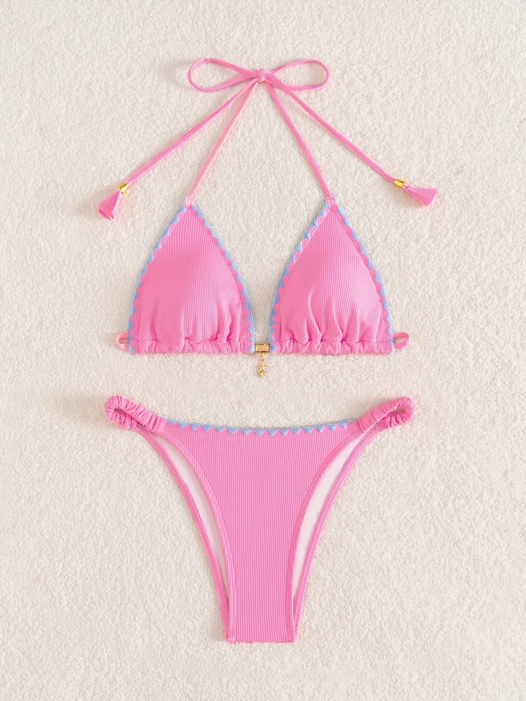 Pink Halter Two Piece Bikini with Contrasting Ruffle and Gold Charm