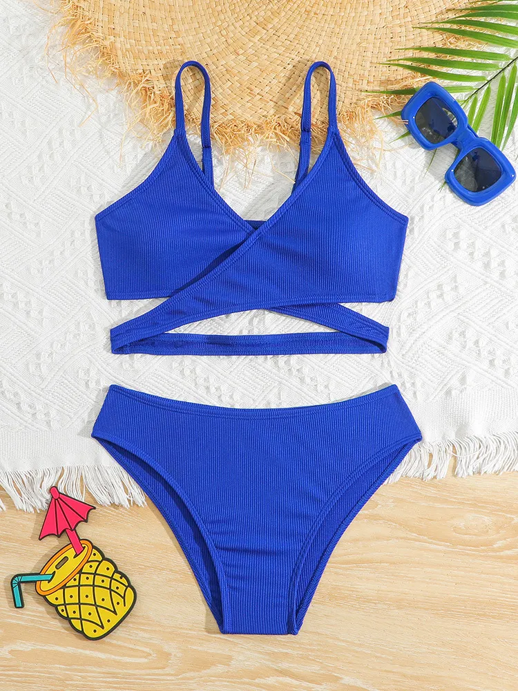 Rib Fabric Cross Hollow Two Pieces Kids Bathing Set