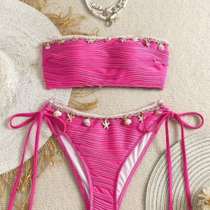 Starfish Shell Tassel Bandeau Sexy Women Two Pieces Bikini with Corrugated Fabric
