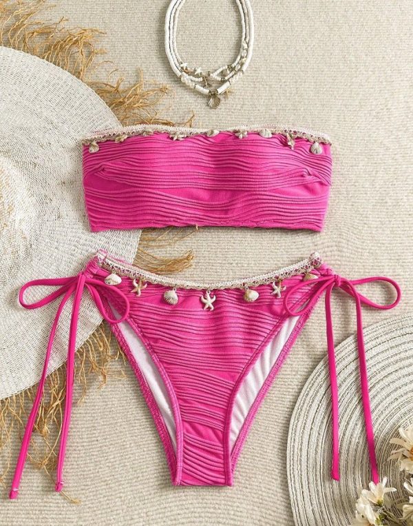 Starfish Shell Tassel Bandeau Sexy Women Two Pieces Bikini with Corrugated Fabric