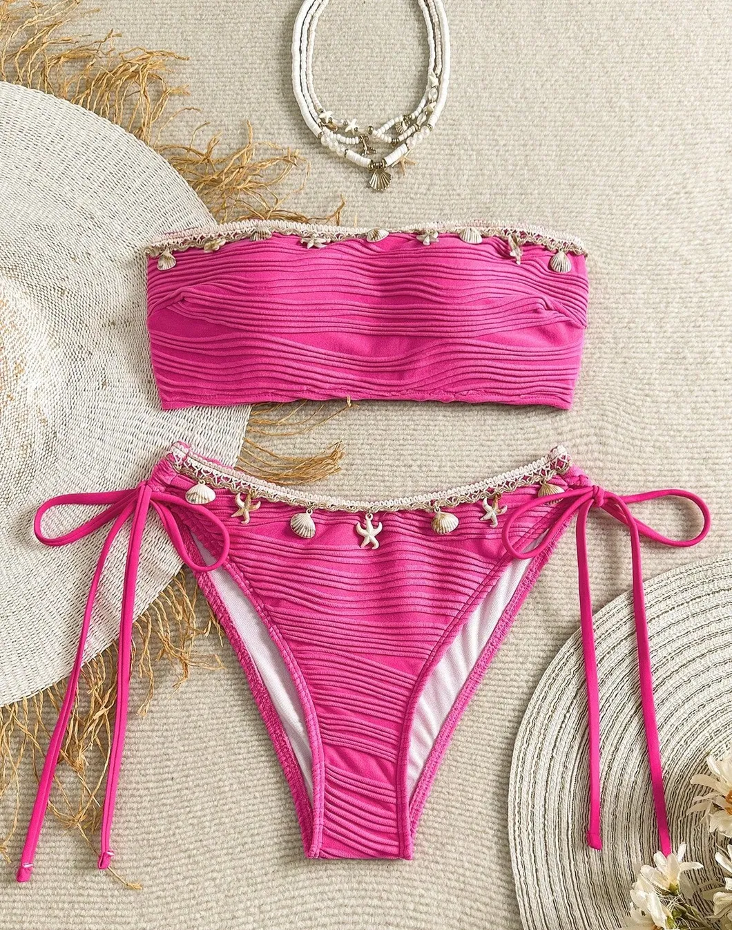 Starfish Shell Tassel Bandeau Sexy Women Two Pieces Bikini with Corrugated Fabric