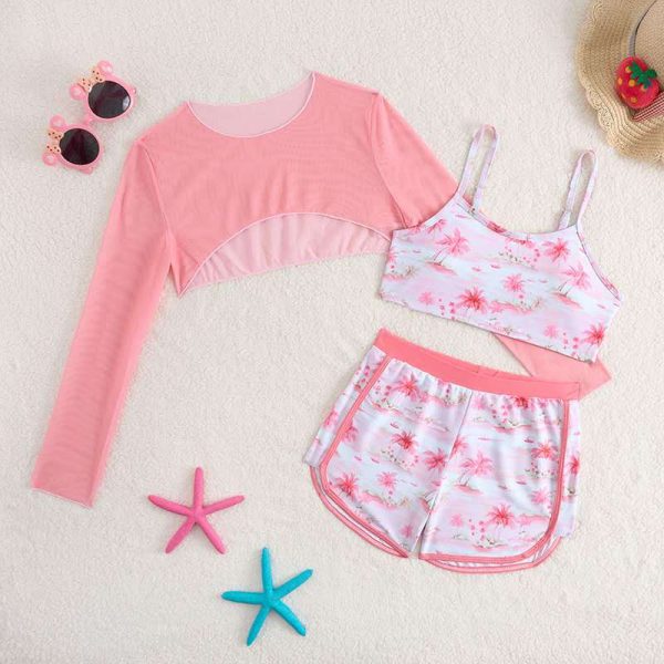 Summer Coconut Tree Print Three Pieces Girl Bikini with Boyshort Mesh Long-Sleeved Tops Child Swimsuit