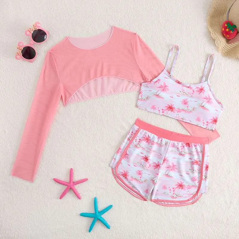 Summer Coconut Tree Print Three Pieces Girl Bikini with Boyshort Mesh Long-Sleeved Tops Child Swimsuit