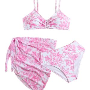 Summer Kids Printed Three Pieces Bikini Set with Mesh Skirt