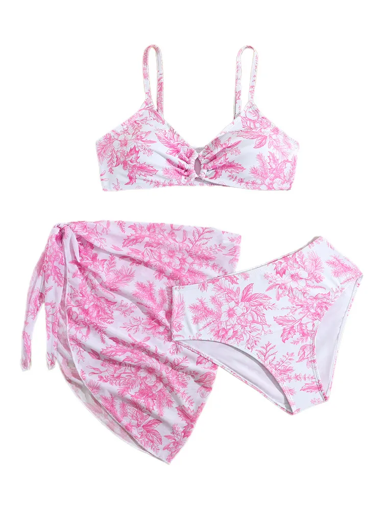 Summer Kids Printed Three Pieces Bikini Set with Mesh Skirt
