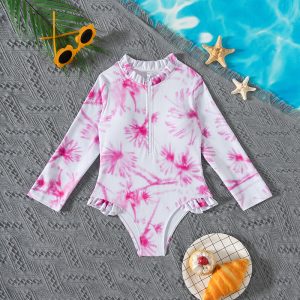 Tie-Dye One-Piece Children Bikini with Zipper Girl Long Sleeves Swimwear