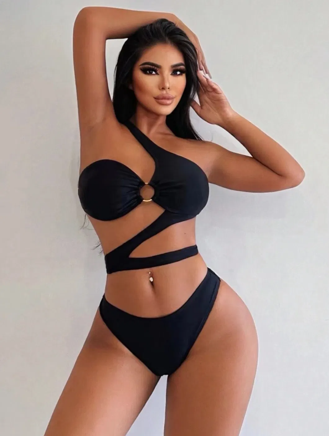 Two Pieces One Shoulder Cut out Bikini with O Ring