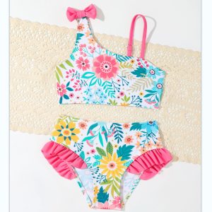 Wholesale Custom Two Pieces Kids Swimsuit Flowers Printed Ruffle Girl Swimwear Cute Children Bikini Set