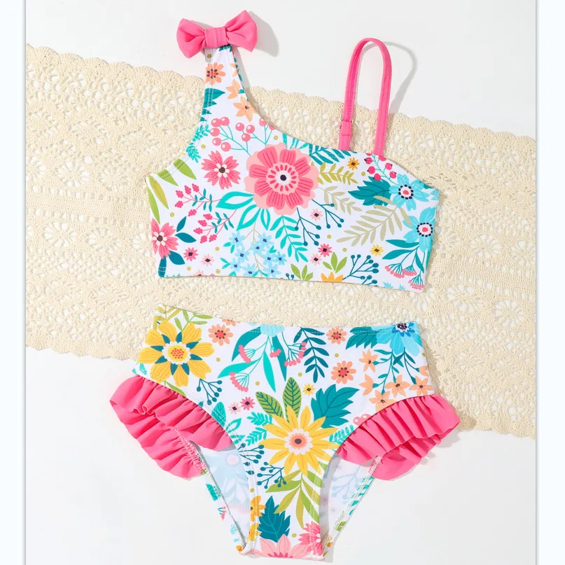 Wholesale Custom Two Pieces Kids Swimsuit Flowers Printed Ruffle Girl Swimwear Cute Children Bikini Set