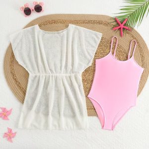 Wholesale Kids Girls Solid Color One Piece Swimsuit with Mesh Cover up
