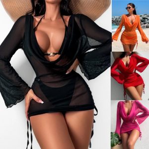 Women 3 Pieces V Neck Long Sleeves Backless Cover up with Swimsuits