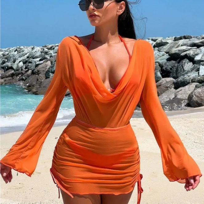 Women 3 Pieces V Neck Long Sleeves Backless Cover up with Swimsuits