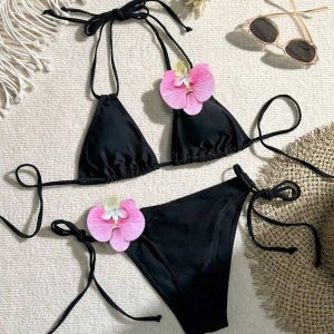 Women Black Two Pieces Bikini with 3D Orchid Flower