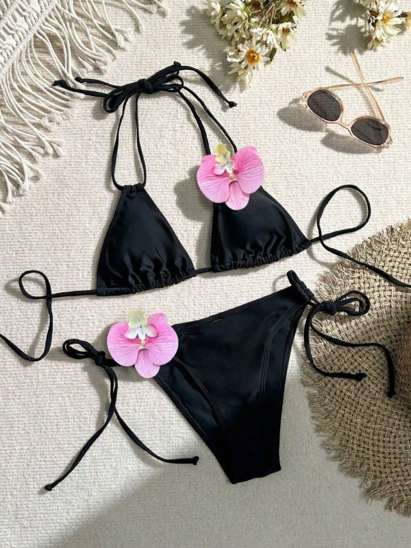Women Black Two Pieces Bikini with 3D Orchid Flower