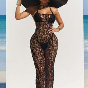 Women Long Dress Cutout Halter Solid Color Long Cover up