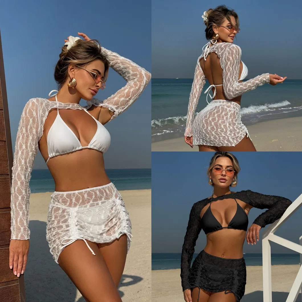 Women Solid Color Four Pieces Backless Best Sexi Hot Swimsuit with Mini Mesh Skirt Factory Wholesale Bikini