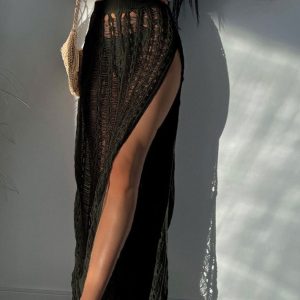 Women Solid Color Knitted Slit Panty Beach Cover up