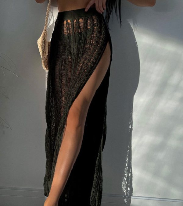 Women Solid Color Knitted Slit Panty Beach Cover up