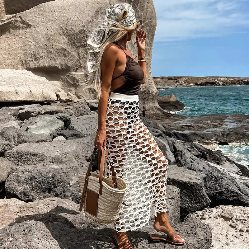 Women&prime;s Cut out White Casual Long Skirt Beach Cover up