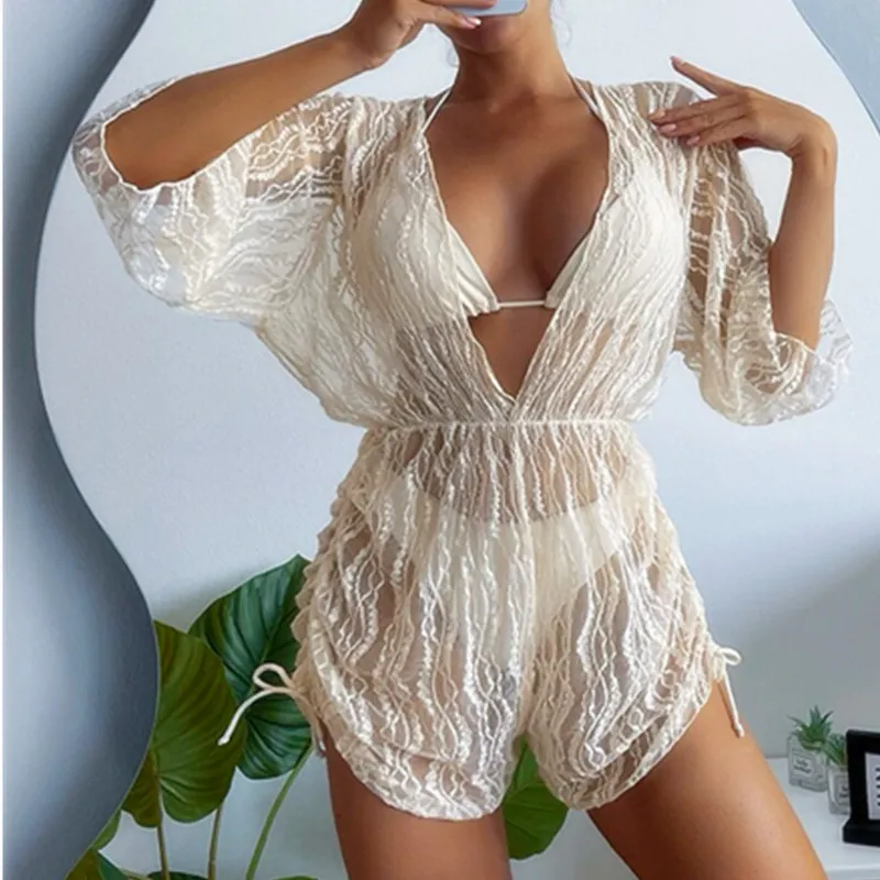 Women&prime;s Long Sleeve Mesh V Neck Drawing Cover up with Swimsuits